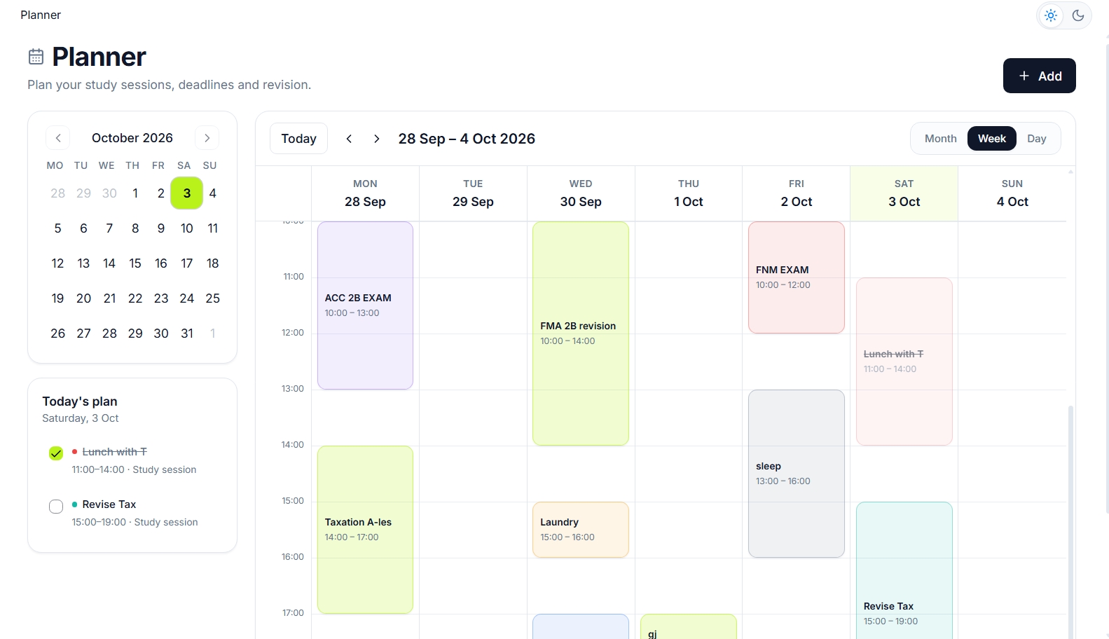 Alfred planner showing a student's study schedule across upcoming days