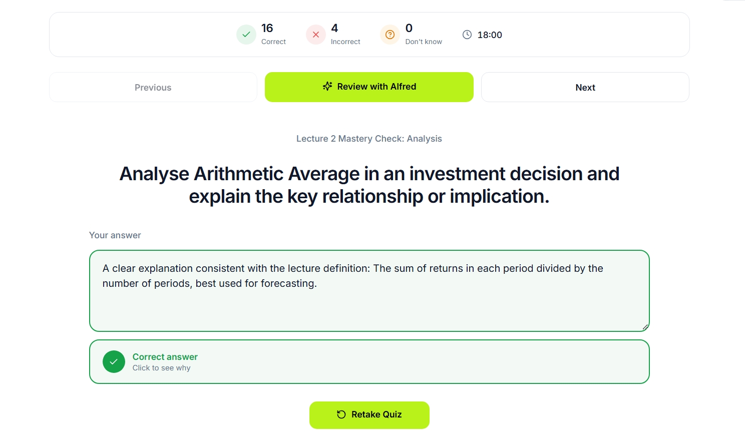 Alfred quiz experience showing targeted concept practice and question controls