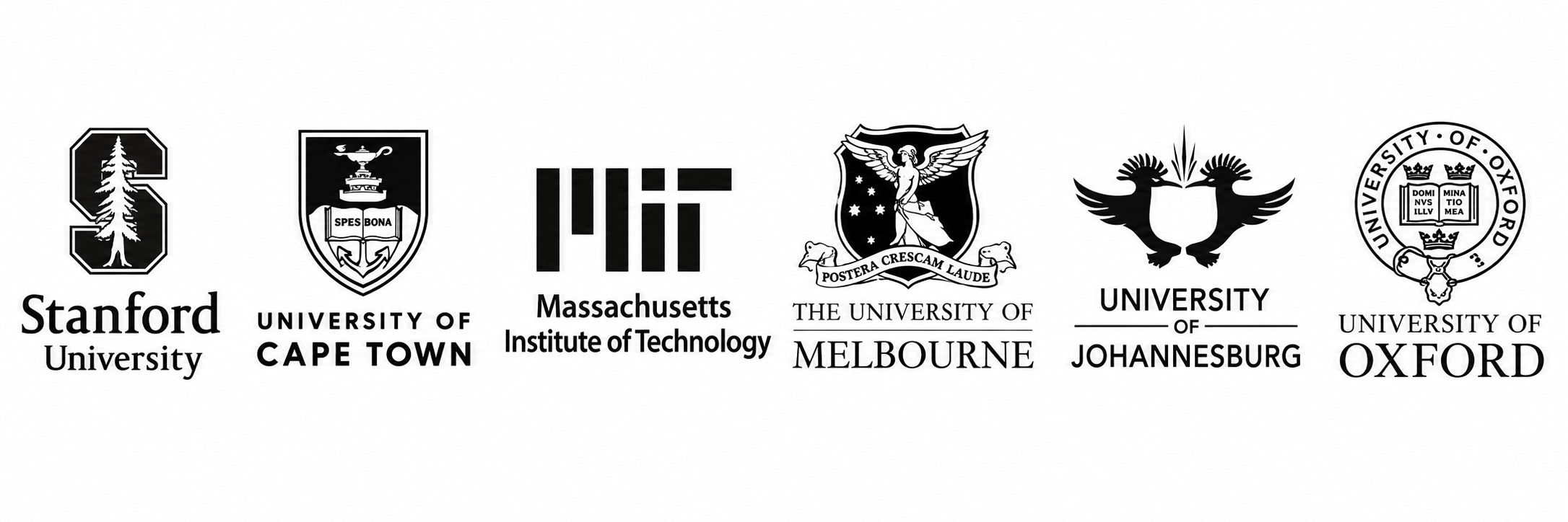 Stanford University, University of Cape Town, MIT, University of Melbourne, University of Johannesburg, and University of Oxford