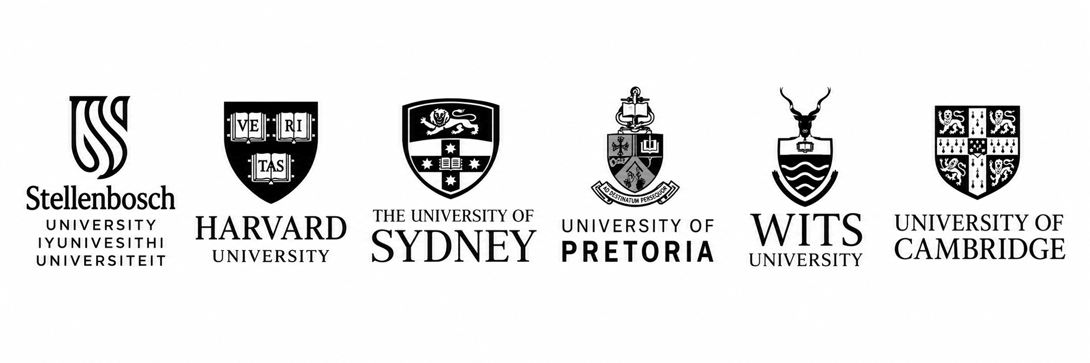 Stellenbosch University, Harvard University, University of Sydney, University of Pretoria, Wits University, and University of Cambridge